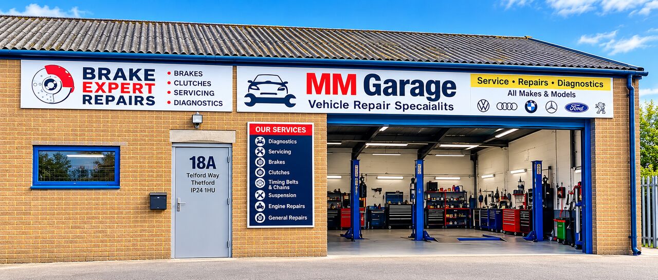 MM Garage frontage on Telford Way, Thetford — the MM Garage sign above an open workshop bay with blue vehicle lifts